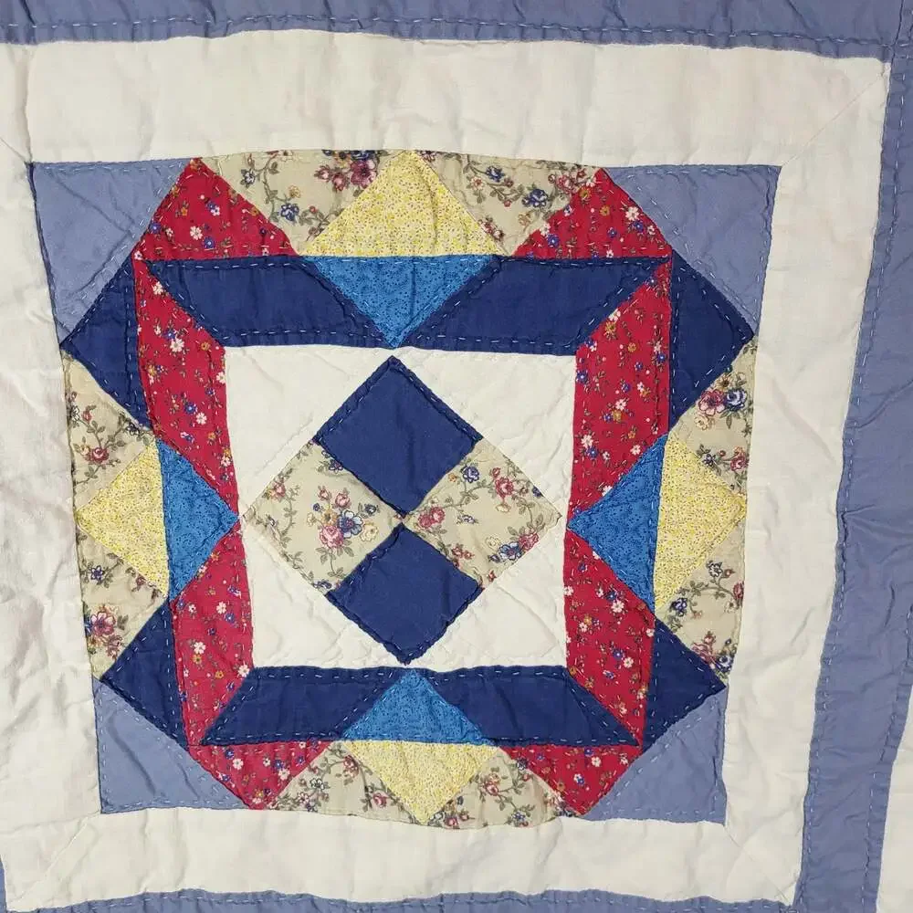 Vintage Handmade Applique and Patchwork Folk Art Quilt with Cabin and Figures